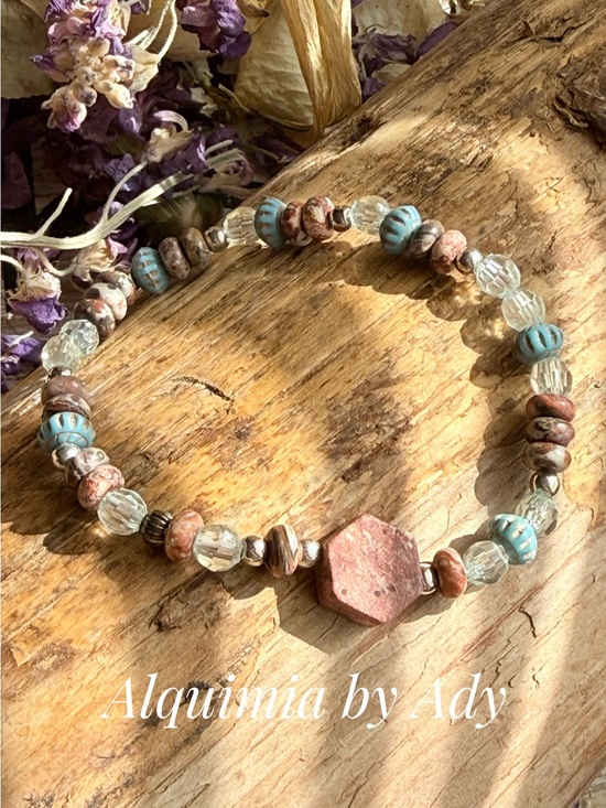 Alquimia Jewelry - Alquimia Pink Hexagon & Turquoise Accent Beaded Stretch Bracelet